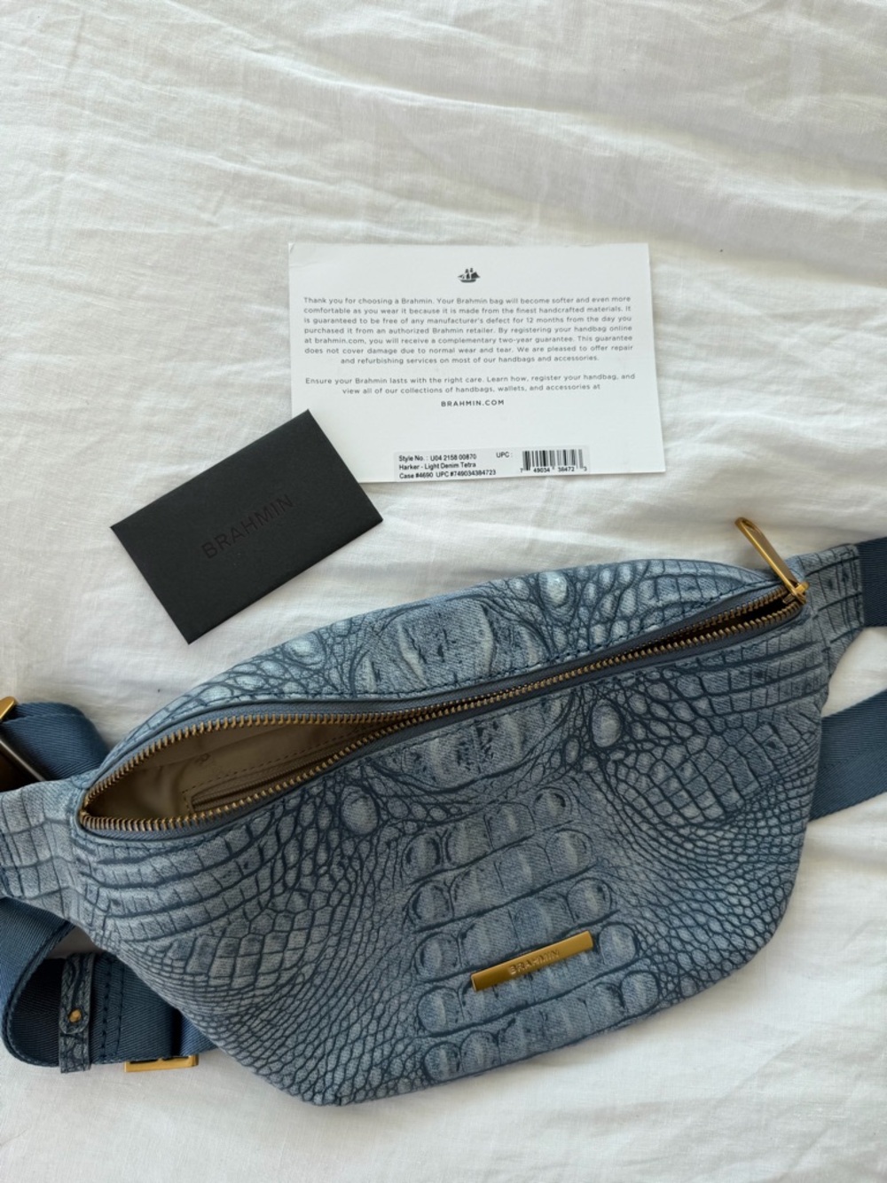 Brahmin Blue Croc-Embossed Denim Cross Body Hollis Pouch Bag - Picture 6 of 7